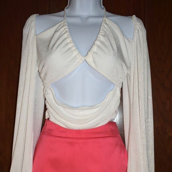 Gab & Kate White Off Shoulder Blouse Medium Tie Front Sexy V Neck Top - Picture 4 of 12